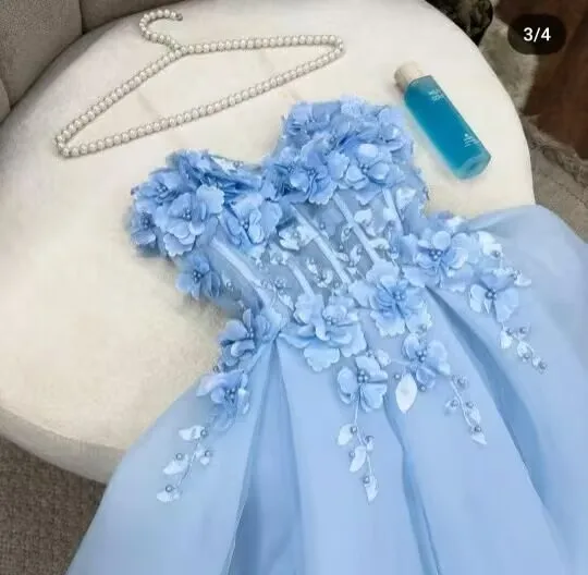 Pink Blue Appliques Flowers Organza Prom Dress 2024 Strapless Ankle-Lenght Party Gown for Women Quinceanera Dress Customized