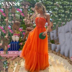 Sansa Orange Strapless A-line فساتين السهرة Fishbone Lace Embroid Prom Dress Multilayer Vestidos De Noche Elegant Party Dress