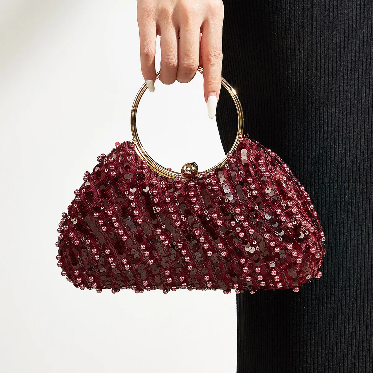 

Luxury Wine Red Silver Black Beading Sequin Evening Bags For Women Banquet Party Round Circle Handbag Metal Chain Shoulder Bag