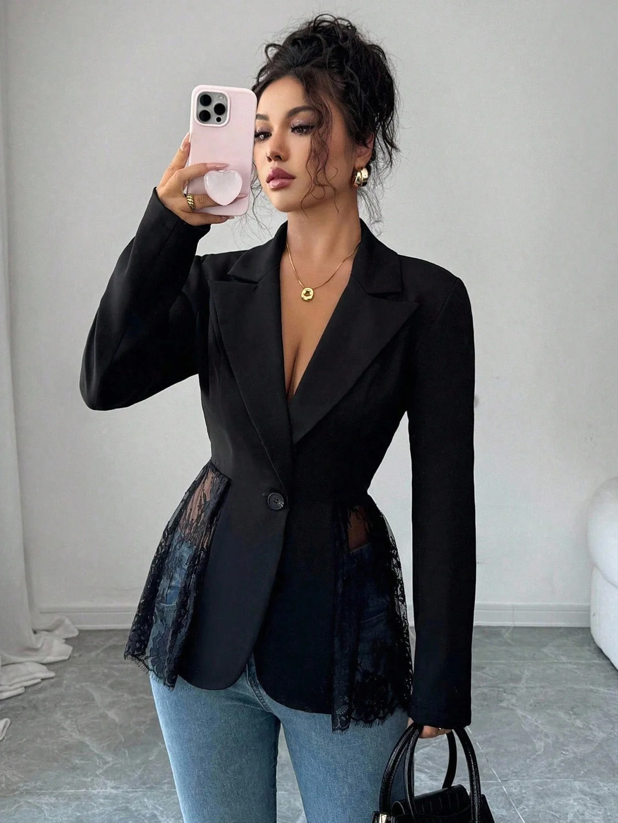 Deep V-Neck Lace Patchwork Single Button Long Sleeve Suit Jacket Women Slim Fit Waist A Line Sexy Fashionable Spring Fall