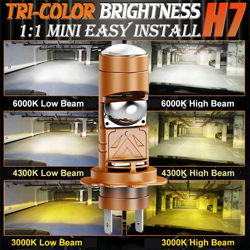 

H7 LED Projector Car Headlights 3 Color Canbus Wireless 3000K 4300K 6000K Auto Fog bulbs Plug&Play Mini Lens Projector Fog Light