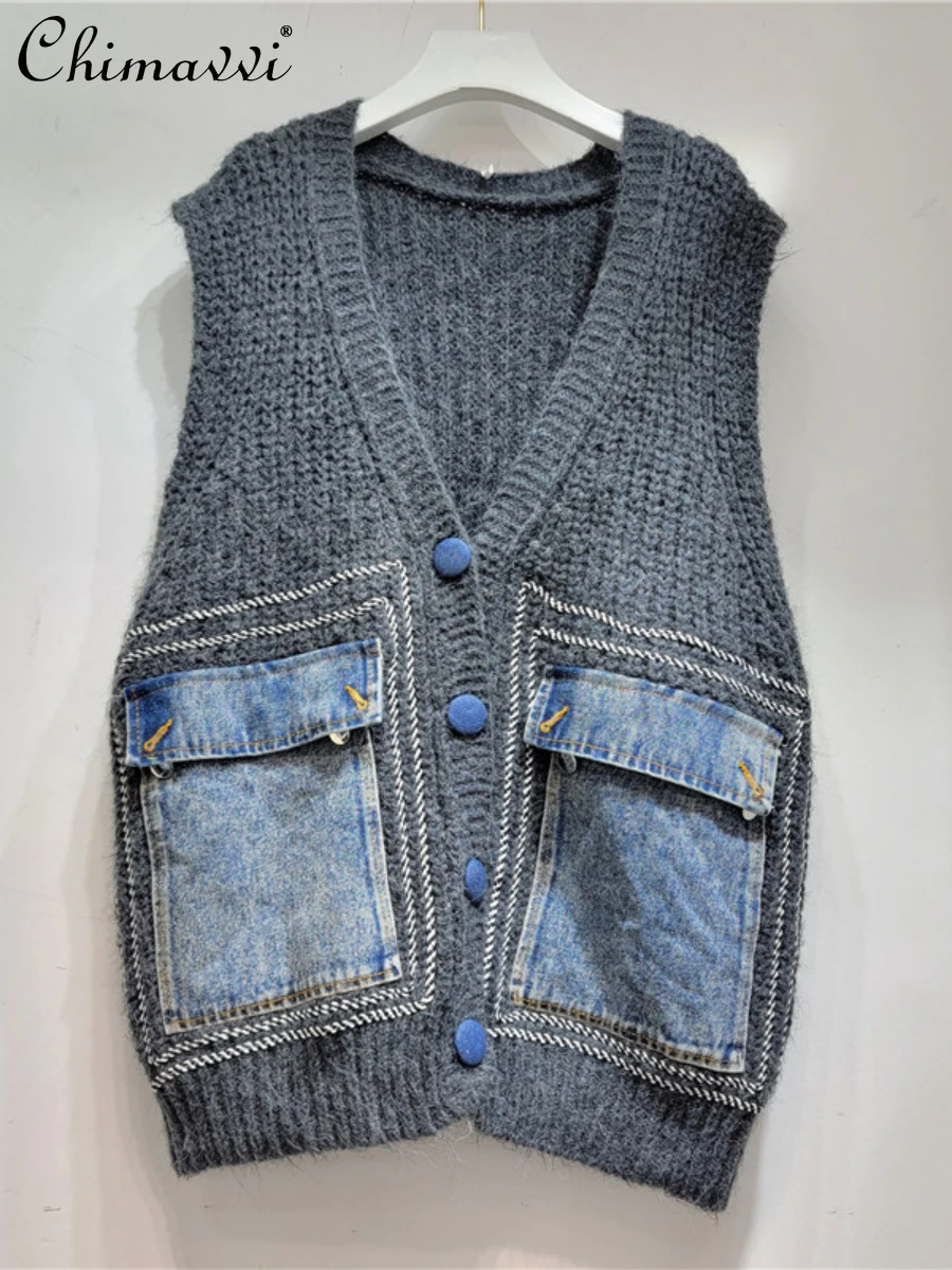 

Denim Patchwork Knitting Vest Coat Women's Autumn Winter 2023 New Fashion Loose Sleeveless Sweater Vest Lady Outerwear Clothes