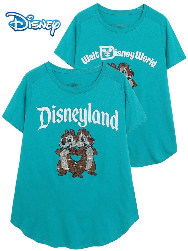 

Disney Walt Disney World Chip An' Dale футболка с мультяшным принтом и бриллиантами, повседневная женская футболка с короткими рукавами и круглым вырезом, пуловер, футболки