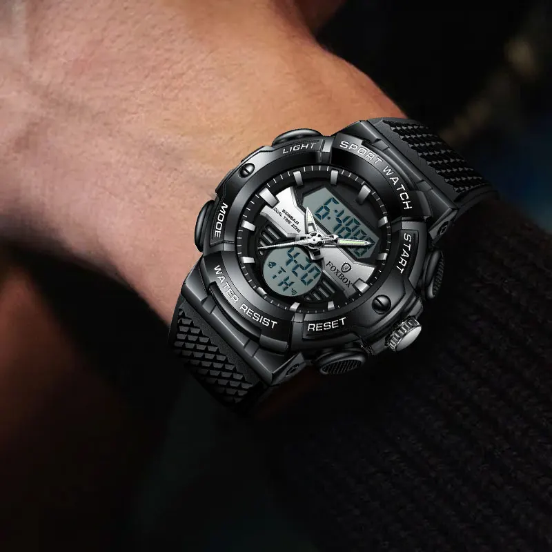 ساعة LIGE الفاخرة للرجال FOXBOX ساعات مقاومة للماء للرجال منبه وتاريخ رياضي عسكري إلكتروني وعرض مزدوج