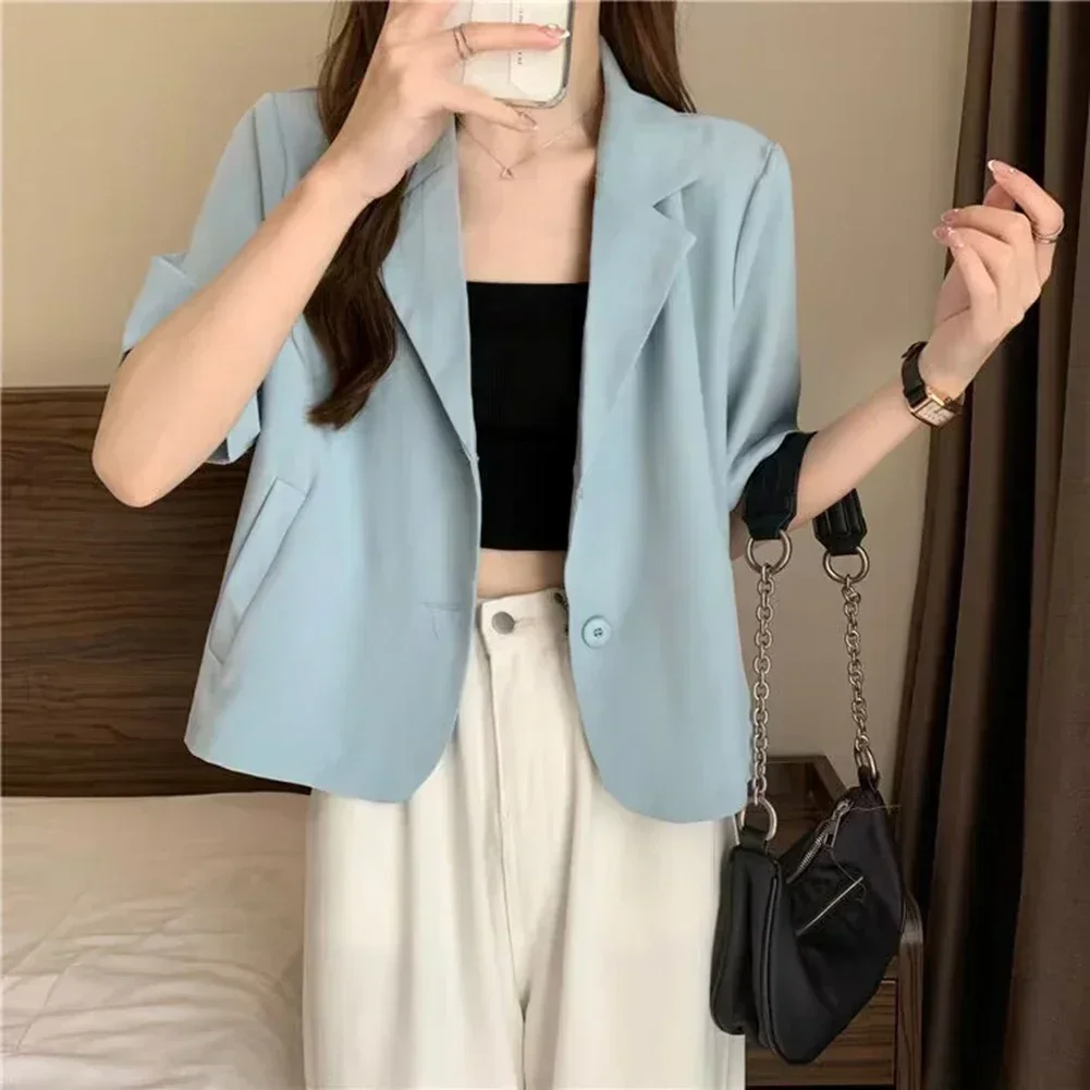 Summer Blazers Women Blazers Medium Elasticity Polyester Single Breasted Solid Color Summer Fashion Hot Stylish