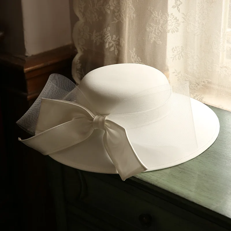 uxury woman hat wedding ceremony retro elegant bridal hat big bow top hat satin white wedding  accessories