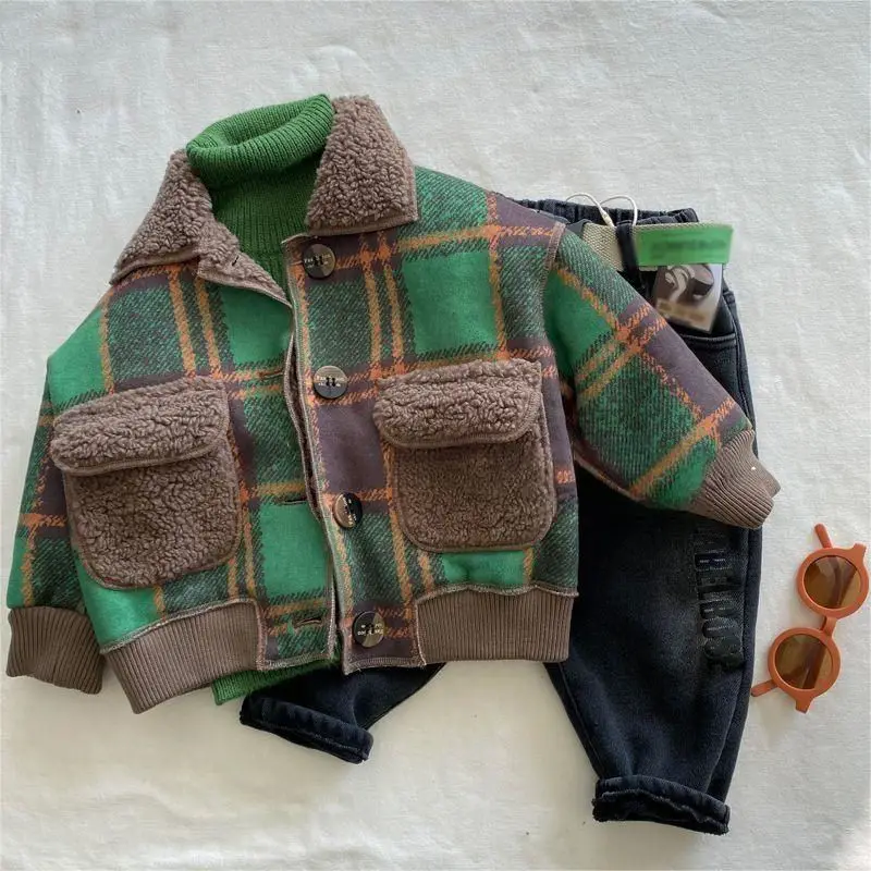 

Children's Coat New Autumn Winter Boys and Girls Fashion Turn-down Collar Green Plaid Fur Jacket Single-breasted Fleece Lined Ja