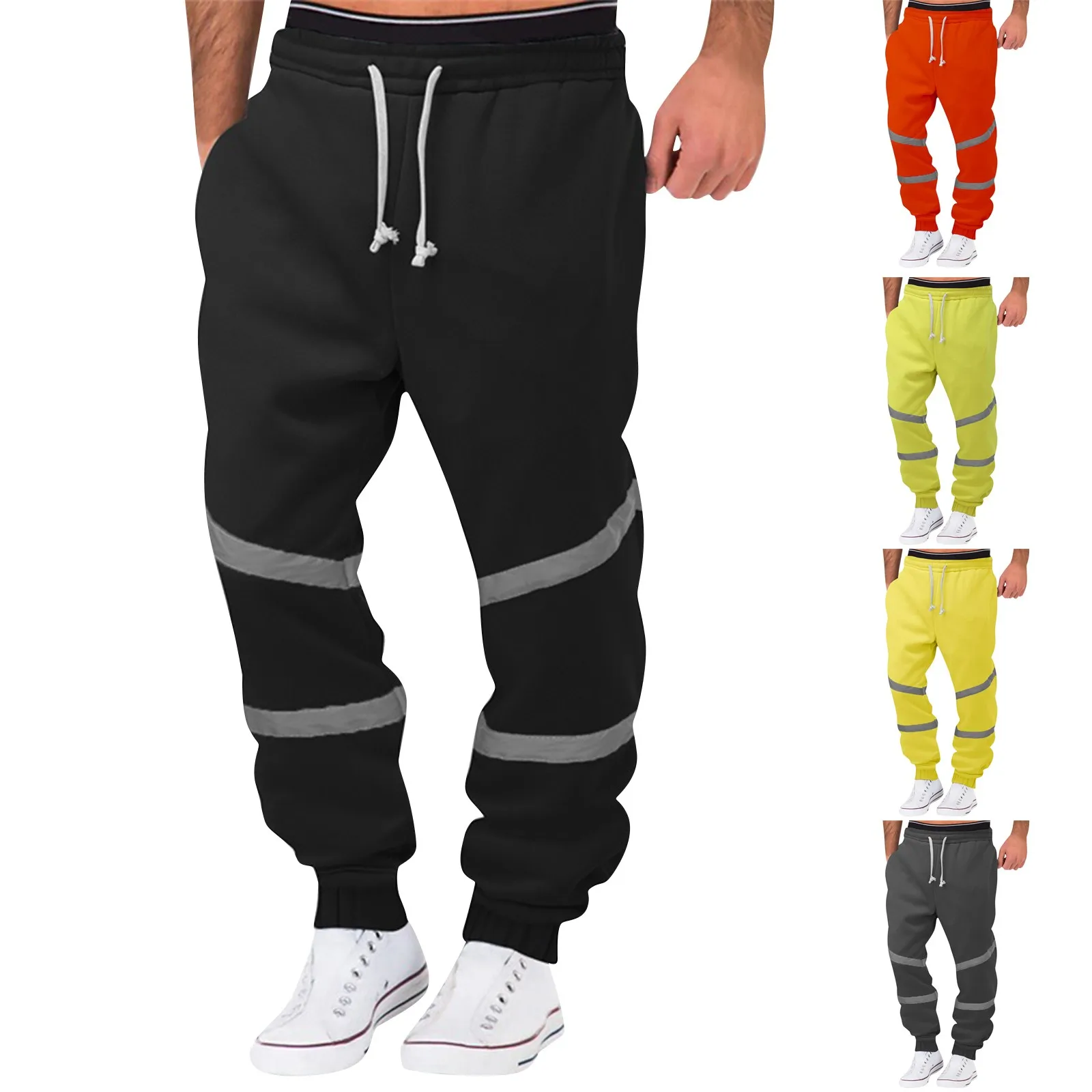 

Men'S Reflective Fleece Casual Pants Stripe Sanitation Uniform High Visibility Work Safety Trousers Casual Sports Trousers