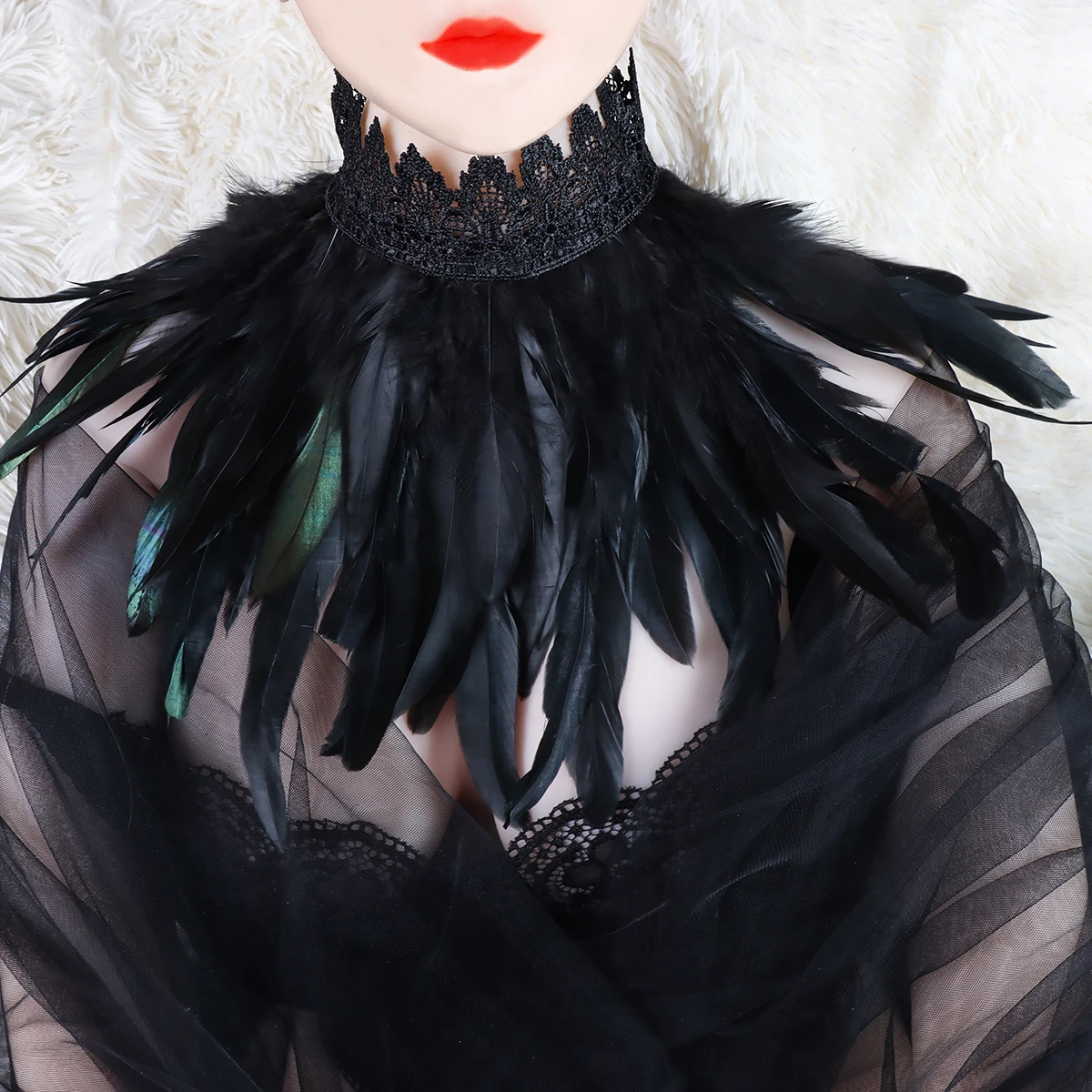 Punk Black Feather Choker Collar Sexy Lace Women Neck Cover Punk Cape Shawl Party Cosplay Natural Feather With Lace Fake Collar