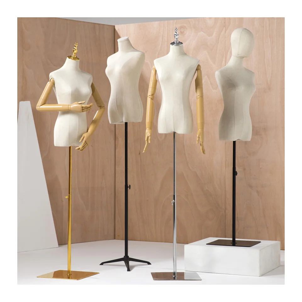 

White Cotton Clothing Display Models In Store Window Dress Form Women Black Mannequin For Draping With Base Wooden Arms