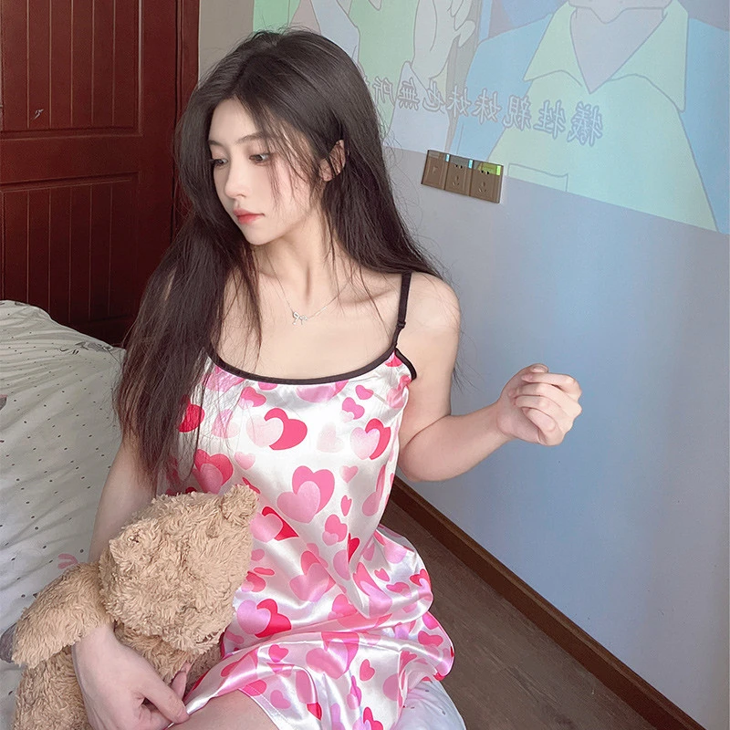 New High Quality Summer Ice Silk Women Cute Sling Dress Casual Sleeveless Night Dress Slips Under Dress Sexy Ladies Pajamas