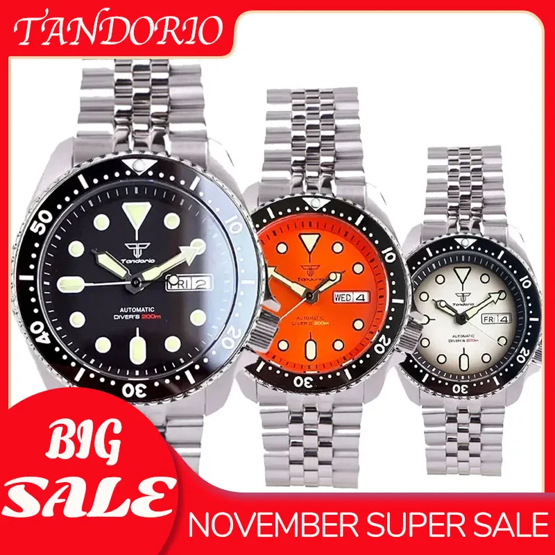 41mm Tandorio NH36A 20ATM Auto SKX Men Black Diver Watch Sapphire Glass 120 clicks Ceramic Bezel Date Luminous Rotating Bezel