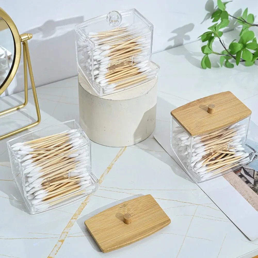 Bamboo Lid Cotton Swab Organizer Portable Storage Jar Highly Transparent Material Cosmetic Organizer Acrylic Storage Case