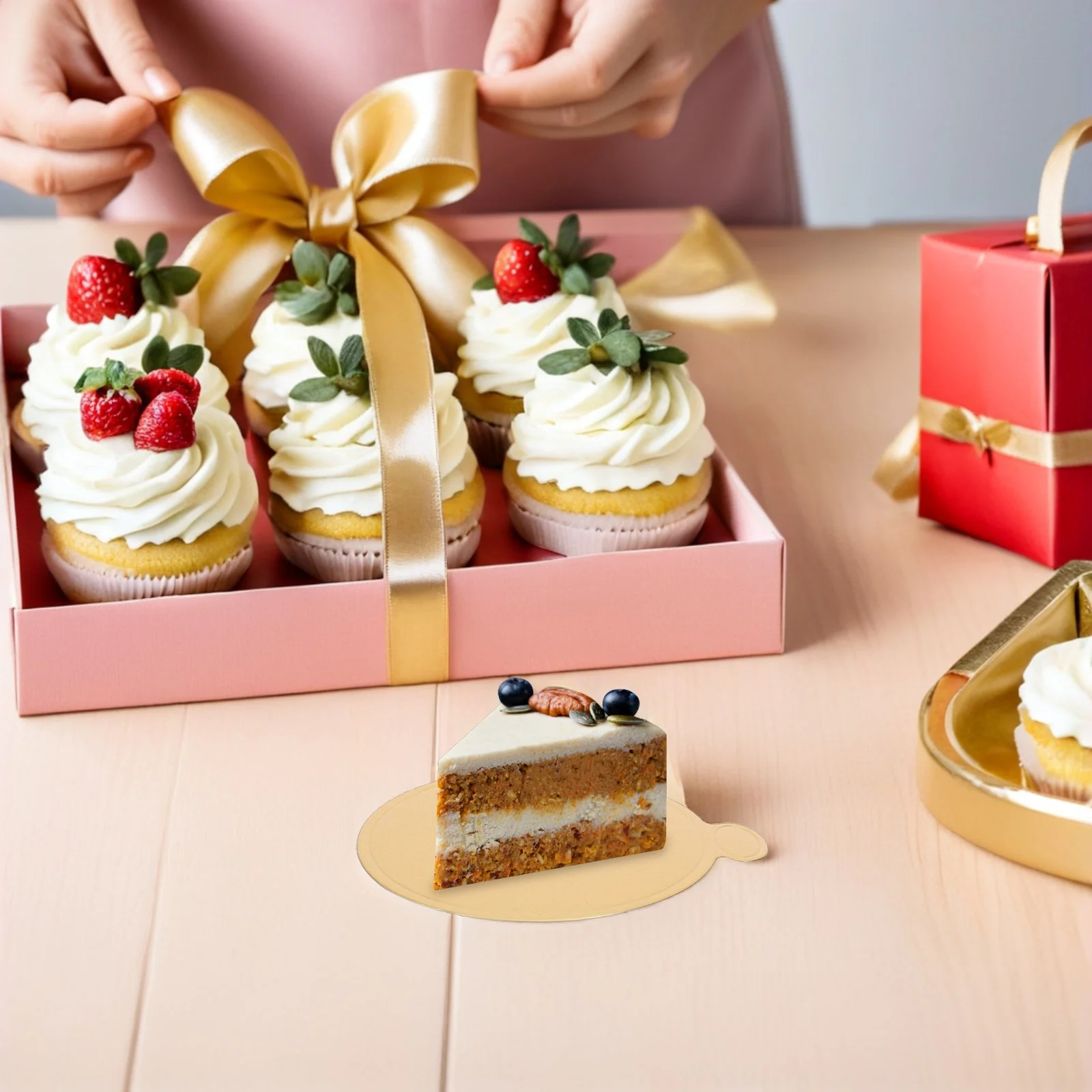 

100Pcs Mini Dessert Board Mousse Cake Tray Round Gold Base Paper Plate for Bakery Party Wedding Cake Display Dessert Mini Tray