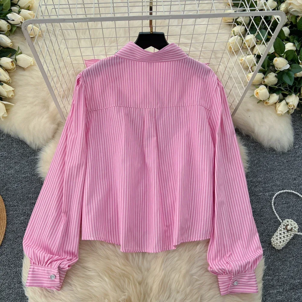 Vintage Striped Puff Sleeve Edible Tree Fungus Ruched Top Chic Rhinestone Women Streetwear Korean High Street Autumn Blouse