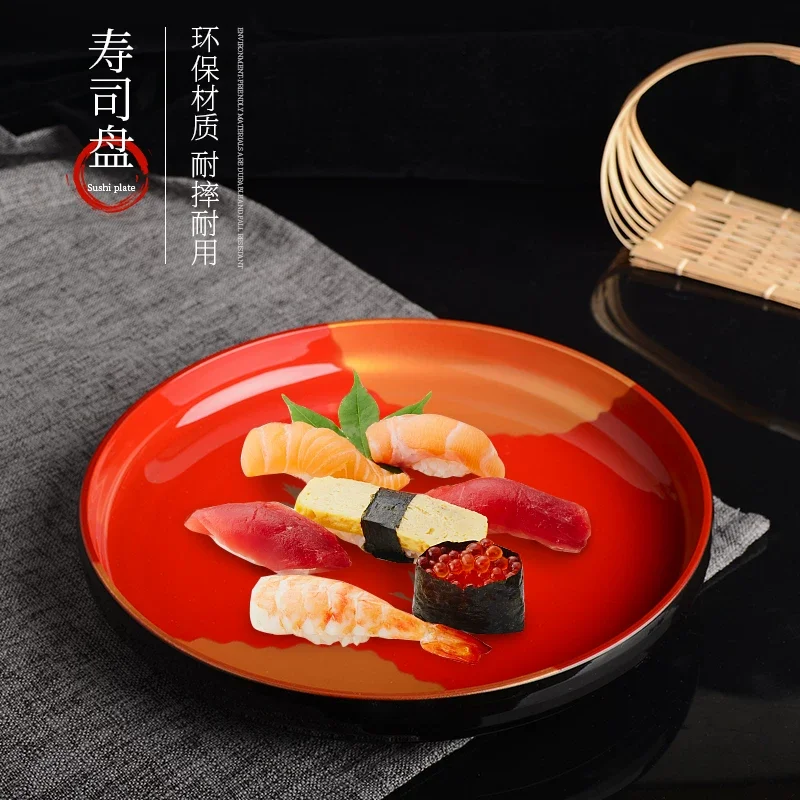 Japanese Melamine Sushi Plate Round Lacquer-Style Serving Platters, Artistic Tableware for Sushi, Sashimi & Asian Cuisine