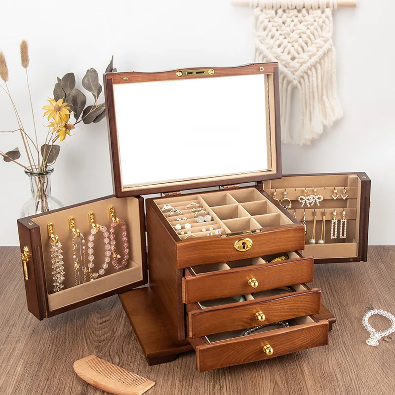 

Wooden Jewelry Box Organizer Storage Luxury Multi Functional Jewelry Box with Lock Retro Drawer Style Display Packaging Supplies