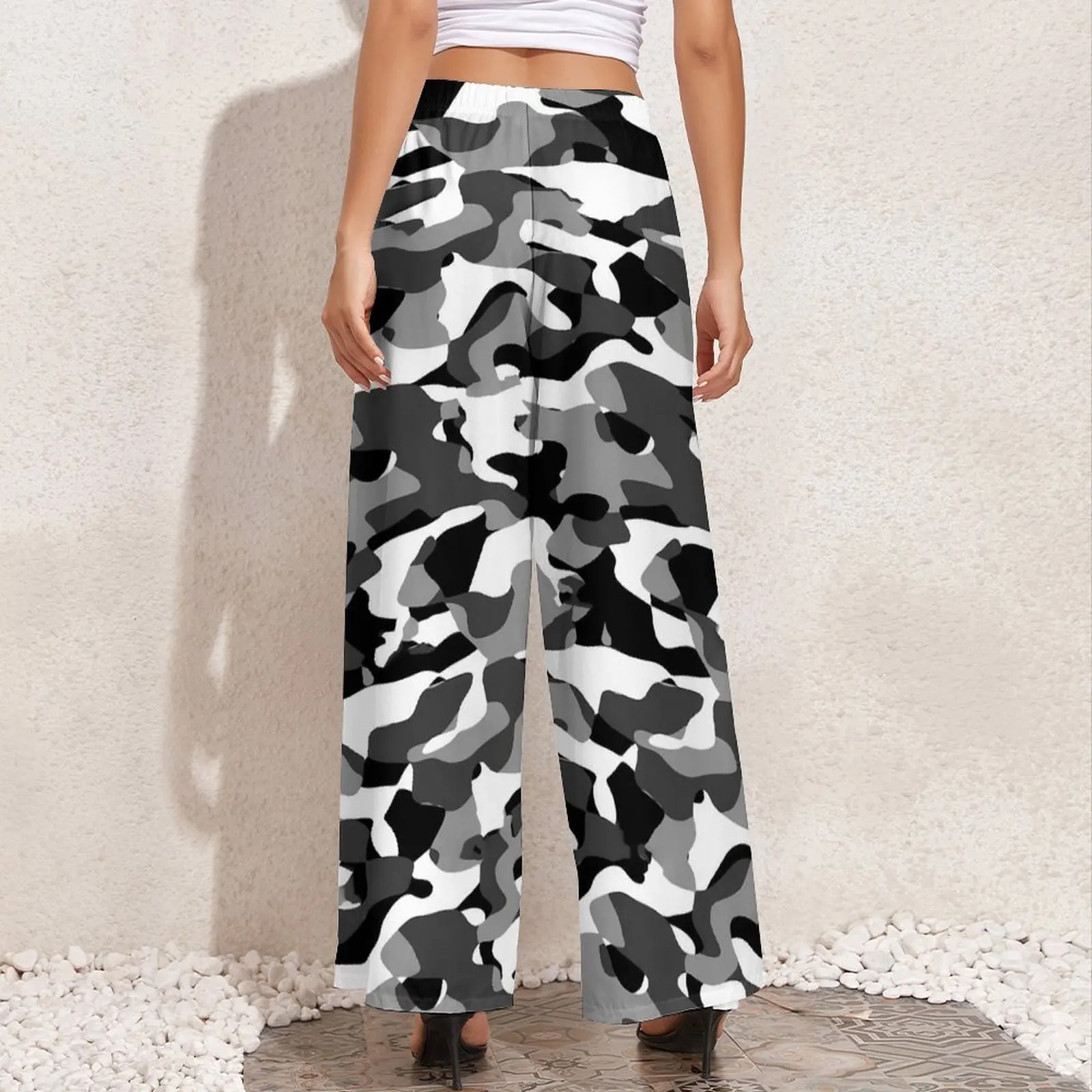 Camo Pants Woman Black White Camouflage Streetwear Trousers Elastic High Waist Office Wide Leg Pants Gift