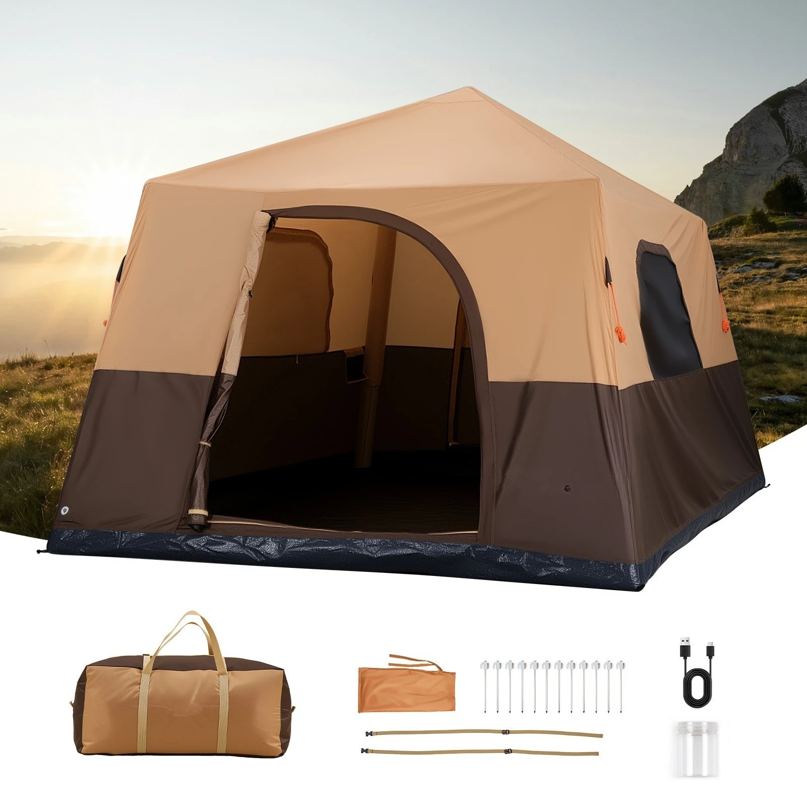 Inflatable Camping Tent with Rechargeable Pump Blow Up Cabin Tent for 8 Person