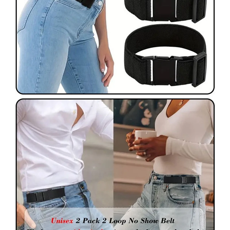 Women Man No Buckle Elastic Belts For Jeans-2 Pack Invisible Pants Adjuster With Flat Buckle Fit 1.5 Inch Belt Loop, Durable