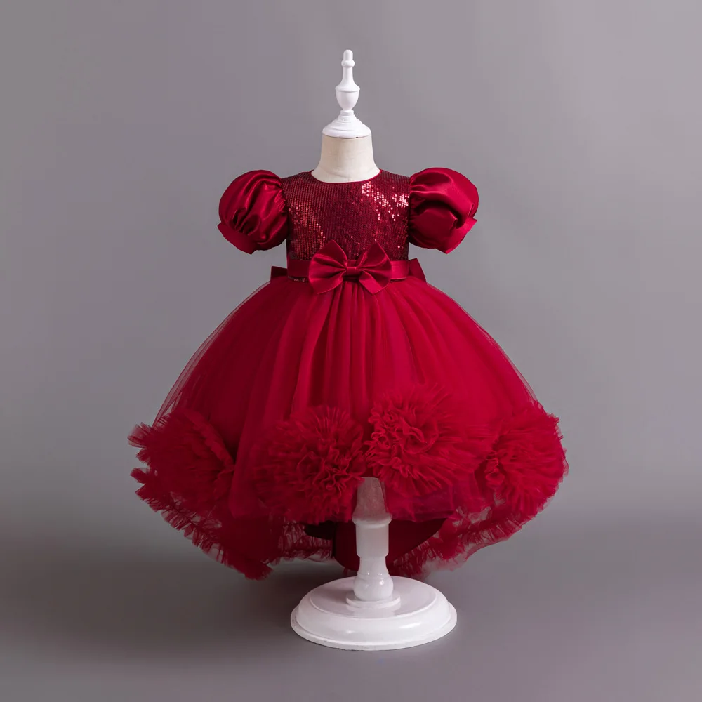 

Cute Kid Princess Skirt Girl Train Puff Tulle Puff Sleeve Baby Evening Gown Host Piano Performance Costume Children Formal Dress