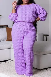 Plus Size Daily Purple Round Neck Puff Sleeve 3/4 Sleeve Two Piece Pant Sets