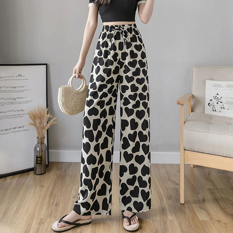 New Fashion Love Print Long Pants Female Casual Pants Summer New Women's Korea Style Wild Loose Wide-Leg Long Trousers For Women