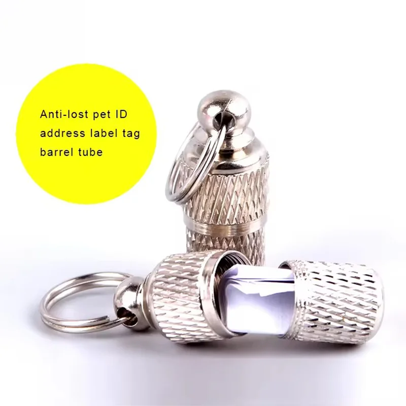 Tubo de almacenamiento para perros y gatos, etiqueta de dirección antipérdida, etiquetas de identificación de dirección de nombre de mascota, Mini Collar de tubo, tubo de almacenamiento de Metal colgante