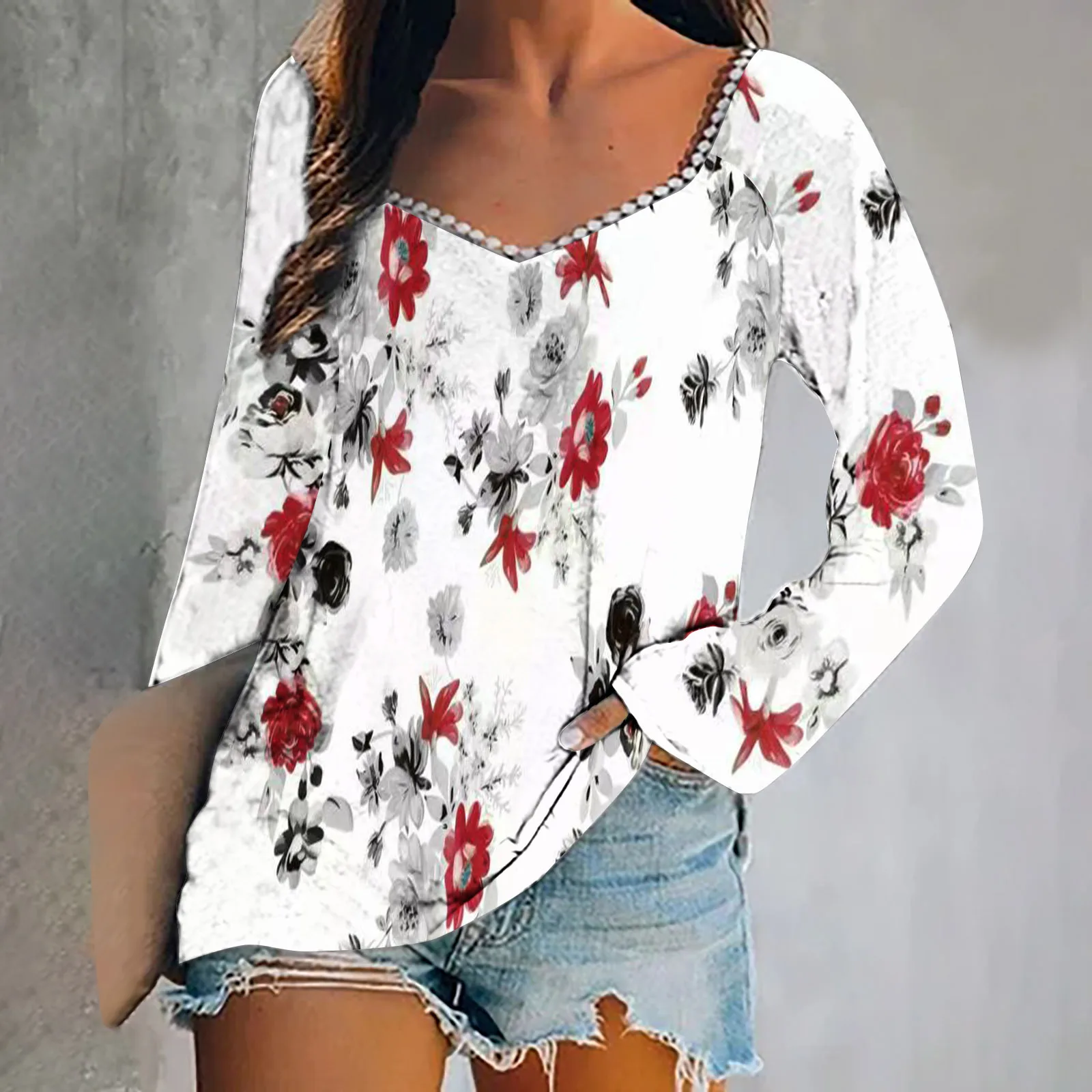 Women's clothing new women's top printed long sleeved casual T-shirt women's loose and versatile temperament and personality