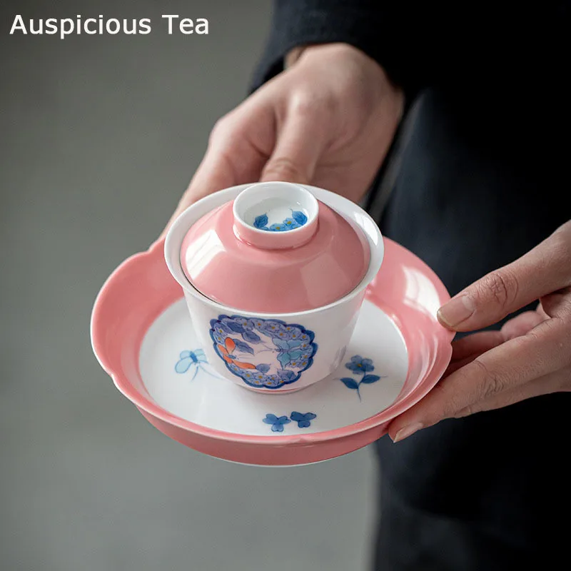 

150ml Hand Painted Butterfly Sancai Covered Bowl Set Group Teacup Handmade Household KungFu TeaSet Tea Ceremony Accessories Gift