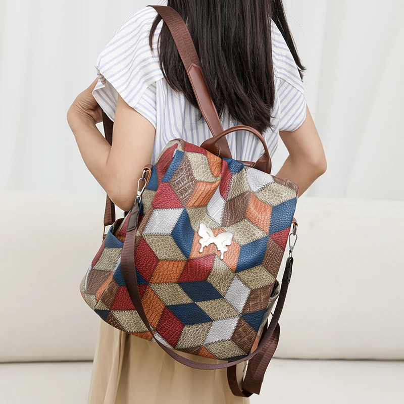 New Backpack Women Leisure PU Small Splicing together Leisure Colour Shoulder Bag Knapsack Women School Backpack Traveling Bag