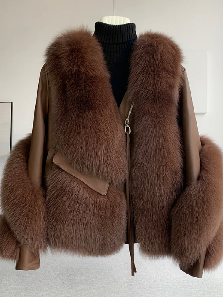 2025 femmes réel manteau de fourrure veste d'hiver naturel fourrure de renard en cuir véritable vêtements d'extérieur Streetwear Locomotive épais chaud nouveau