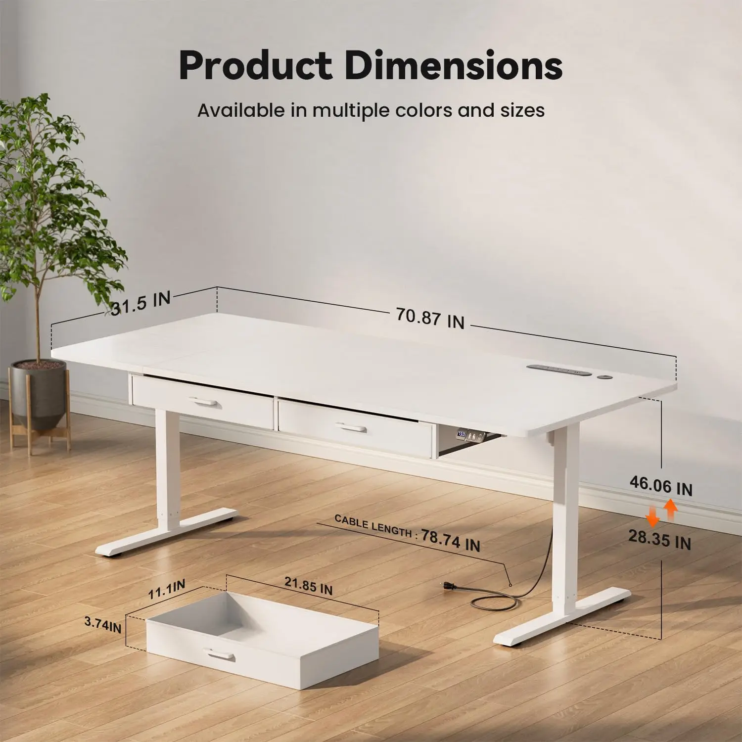 Electric Standing Desk with Power Outlets & 2 Drawers, 71