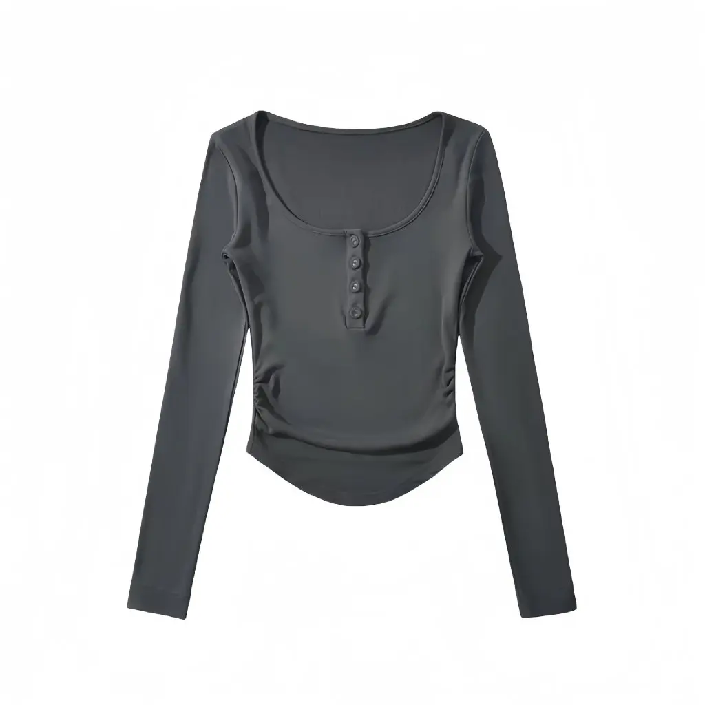 

Women's Slim Fit Fleece Lined T-Shirt Long Sleeve U-Neck Button up Curved Hem European American Style for Autumn Winter