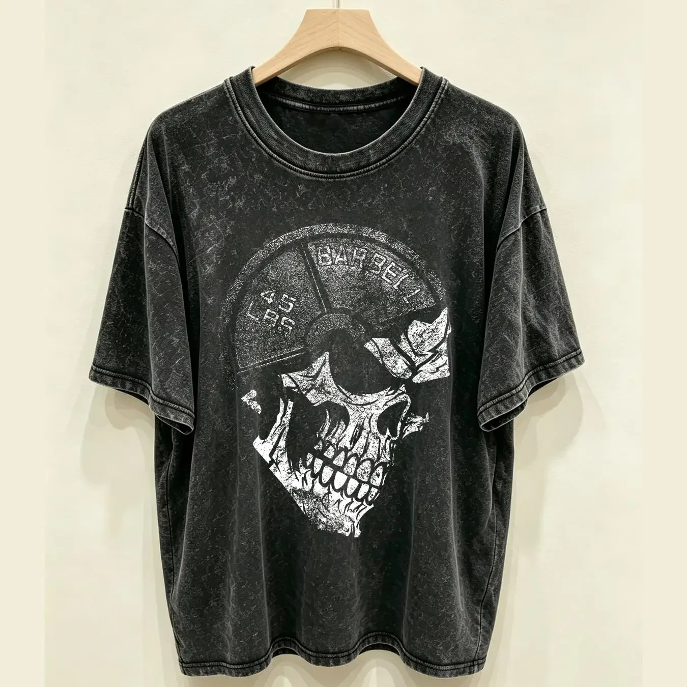 washed T Shirt Skull Barbell Weightlifting Gym Enthusiast Fitness Heavy Lifter Apparel Unique Workout Gear Grunge 45 lbs Plate
