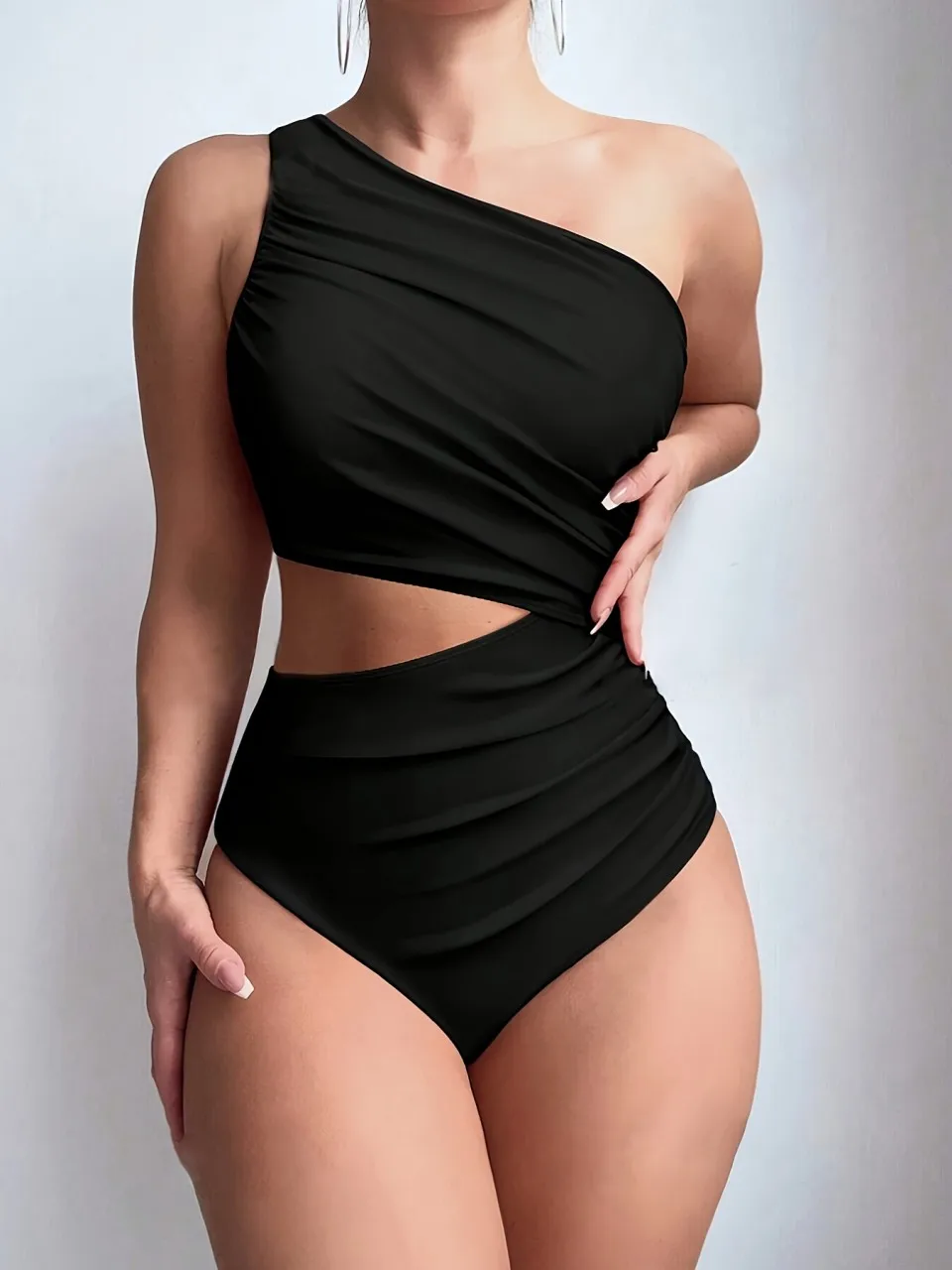 Solid Hollow One Piece Swimsuit 2026 Women One Shoulder Swimwear Female Sexy Monokini Bathers Bathing Swimming Suit Beachwear
