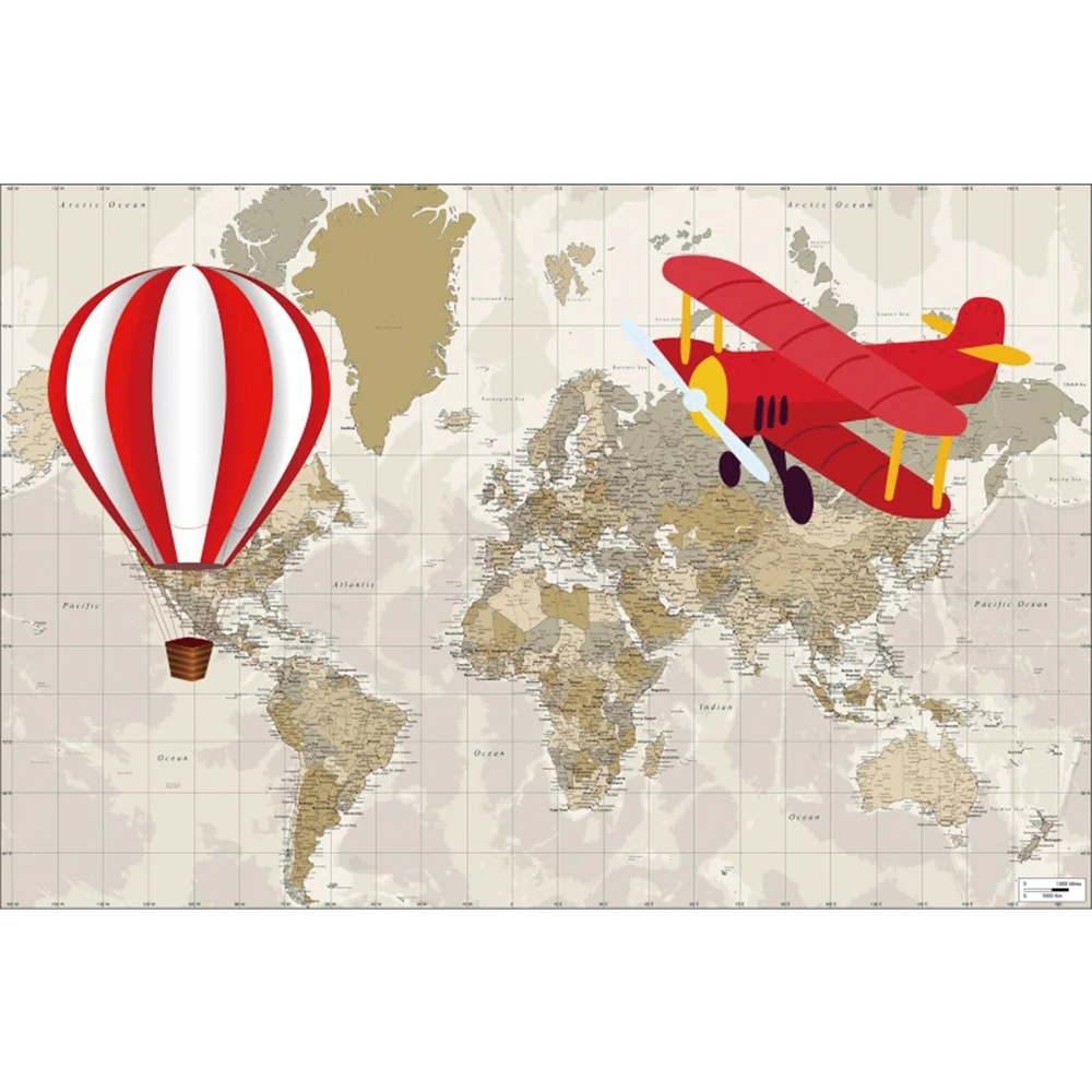 مغامرة السفر الخلفيات العالم الأطفال حفلة عيد ميلاد بالون ساخن طائرة حمراء استحمام الطفل التصوير خلفية ديكور