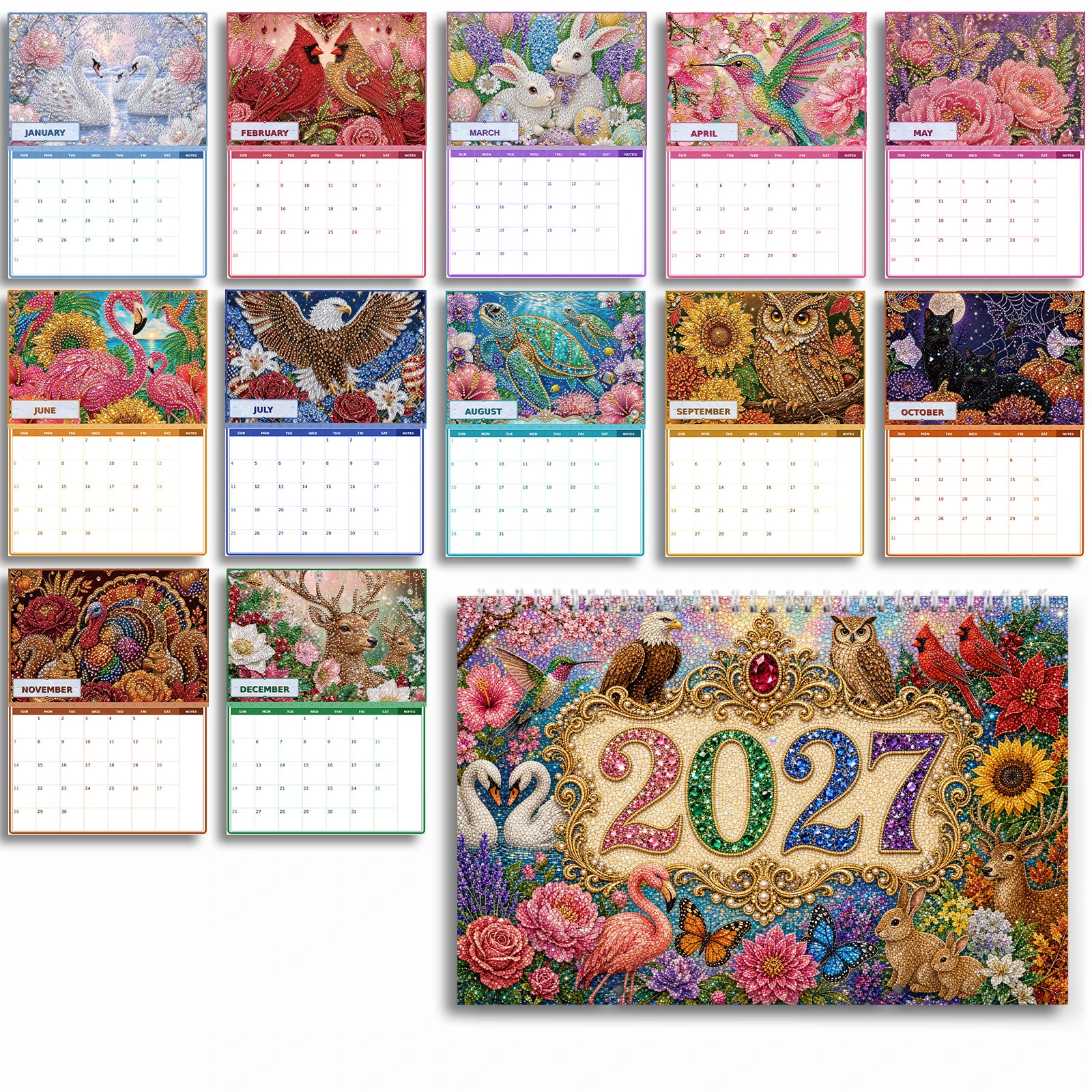 2027 DIY Diamond Painting Calendar for Adults Rhinestone Wall Calendar 11.81x9.45 Inch for Home Business Office Decor