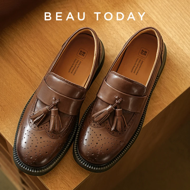 BEAUTODAY ​​Vintage Loafers Women Calfskin Leather Solid Color Slip-on Round Toe Flats Ladies Shoes Handmade 26418