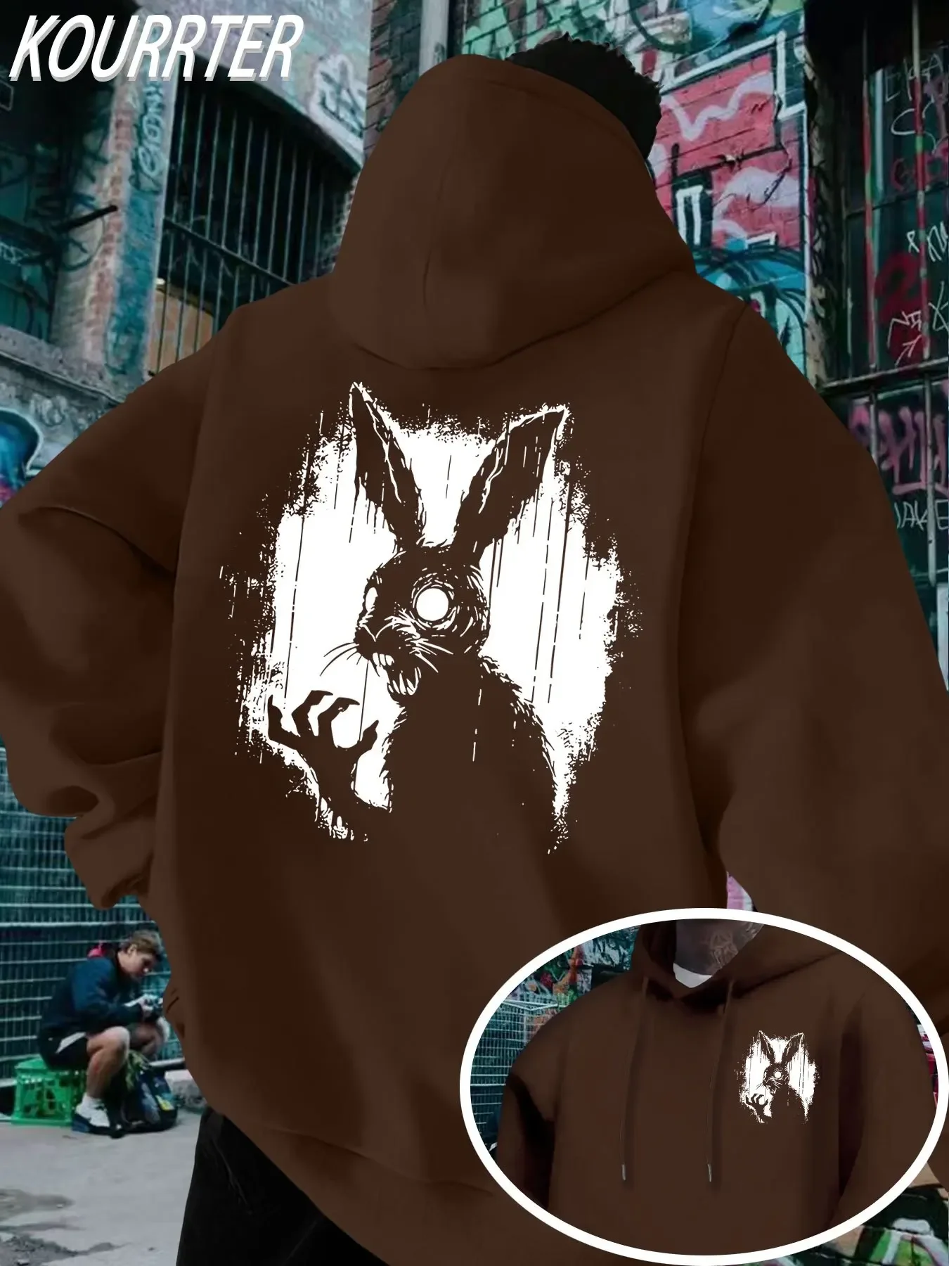 Korean Hot Gothic Grunge Bunny Graphic Hoodie Unisex Dark Rabbit Double Sided Print Loose Hooded Pullover Streetwear