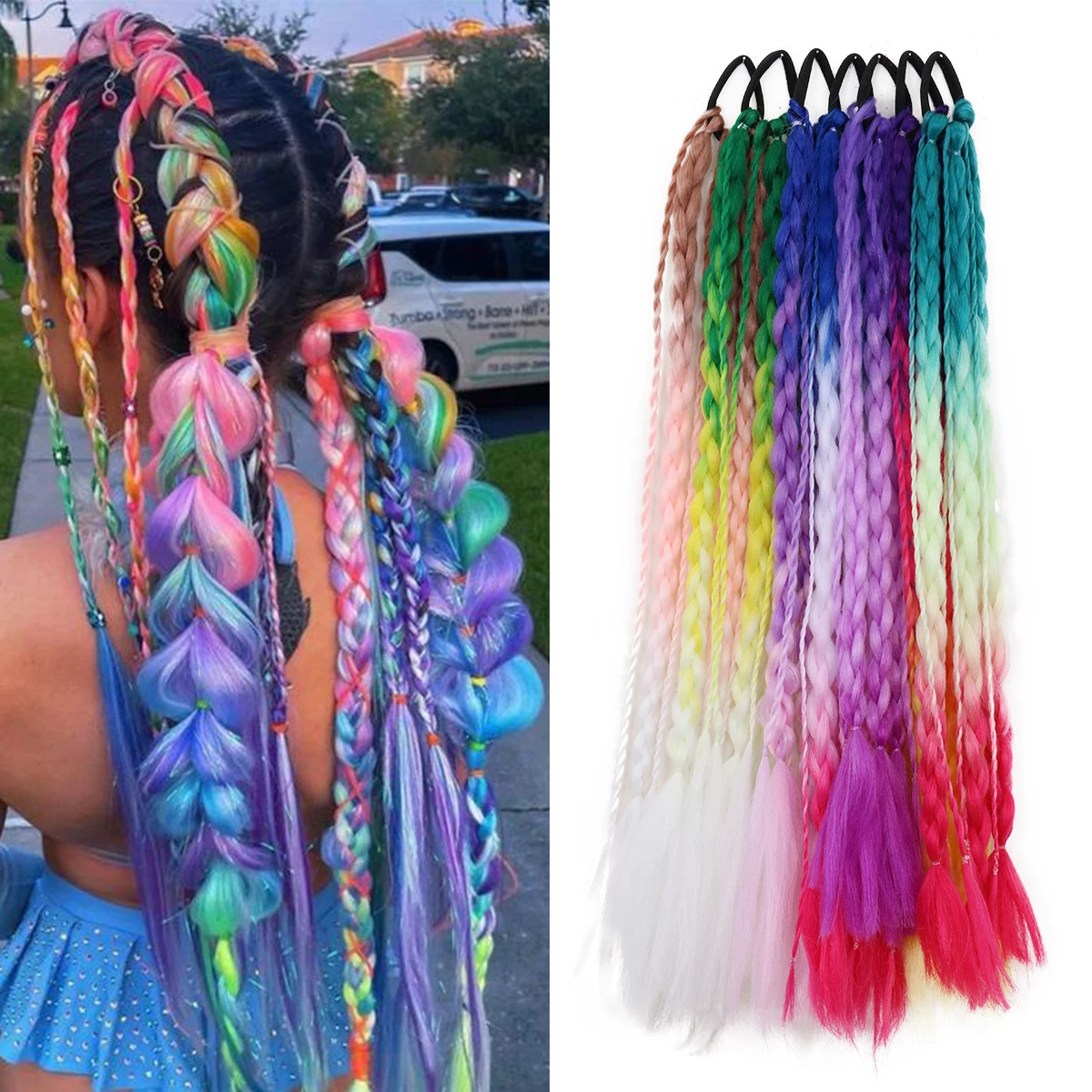 

Synthetic Colored Braided Ponytail Hair Extension 60CM Elastic Rubber Band Braiding Ponytail Hair Extensions For Girls