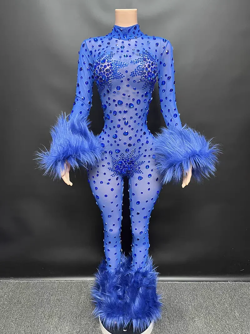 Evening Dress Singer Stage elasticity Show Dresses Costume Sexy Shining Rhinestones  Feathers Long Sleeve Bodycon Jumpsuit