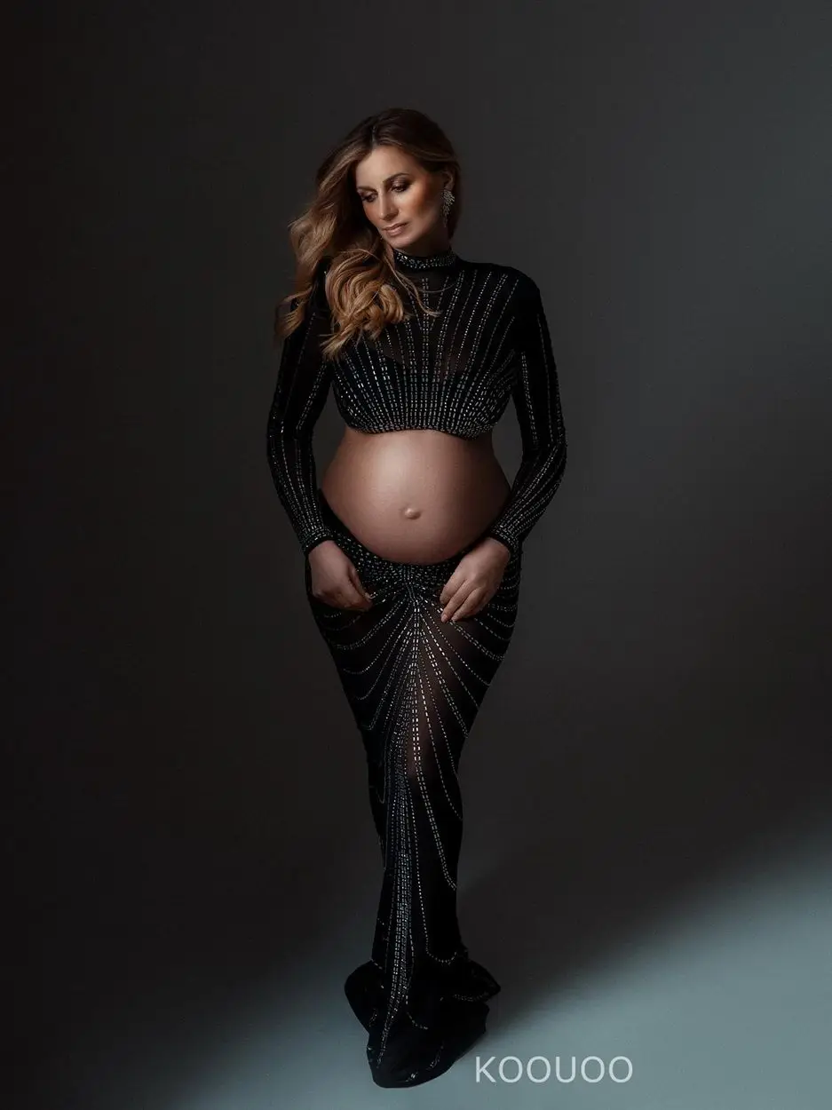 Sesja zdjęciowa ciążowa wycięte sukienki Rhinestone rozciągliwa fotografia ciążowa strój damski Halter kryształowy zestaw Hot Fix sukienka