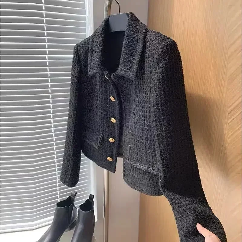 

Vintage Woolen Cropped Jackets Korean Elegant Tweed Coats Autunn Lapel Slim Casual Office Lady Single Breasted Black Outerwear