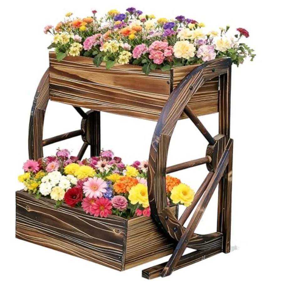 

Деревянная садовая кашпо-тележка на колесах - Декор для дома и улицы: для патио, двора, балкона - Цветочница в стиле кантри/фермерского дома - 2-ярусная