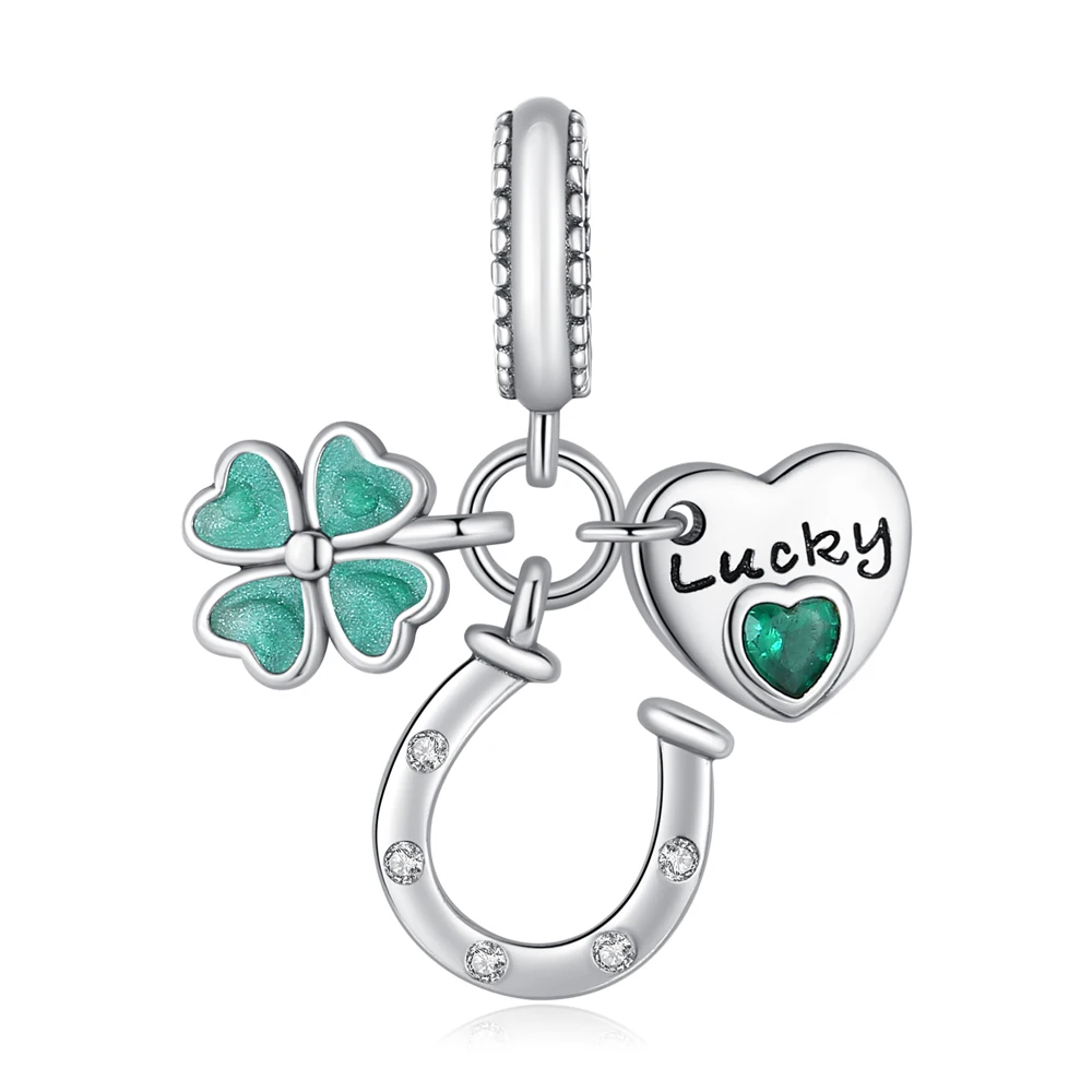 

Classic 925 Sterling Silver Green Clover Heart Horseshoe Triple Charm Fit Pandora Bracelet Women's Birthday Lucky Jewelry Gift