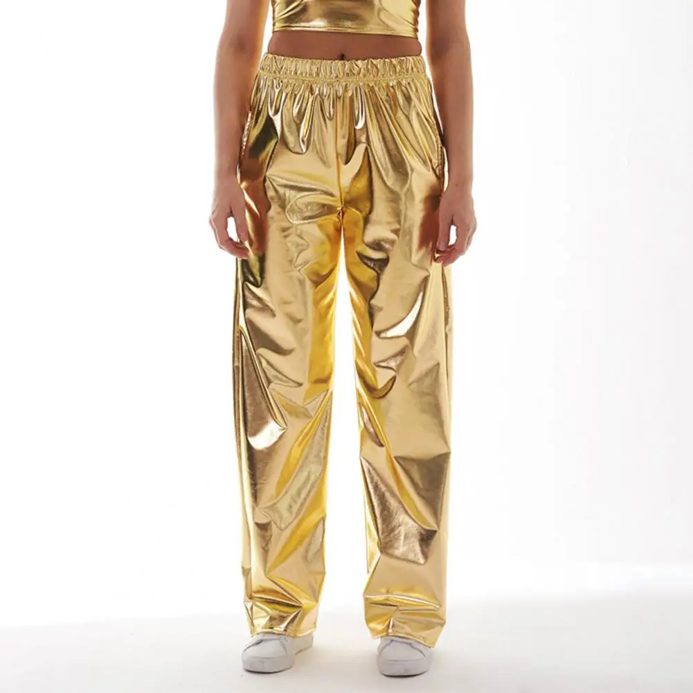 Men Shiny Metallic Dance Disco Party Pants Clubwear High Waist Elastic Waist Pants for Modern Jazz Dance Performance Costume