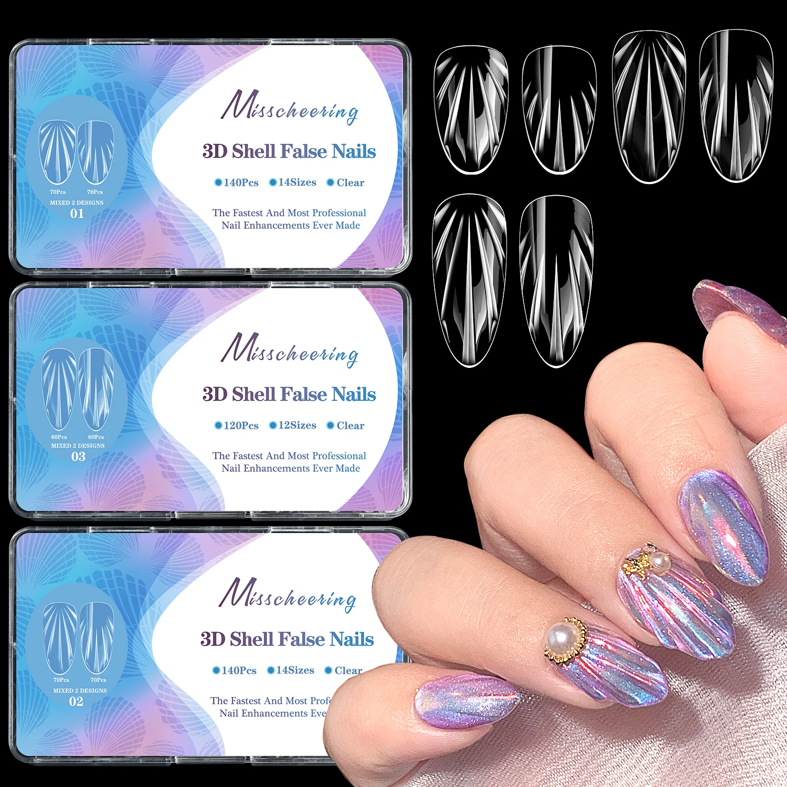 140 unid/caja de uñas postizas con forma de concha 3D, cubierta completa, piezas de uñas acrílicas a presión, uñas postizas de Gel medio, salón de uñas, arte de uñas DIY para el hogar