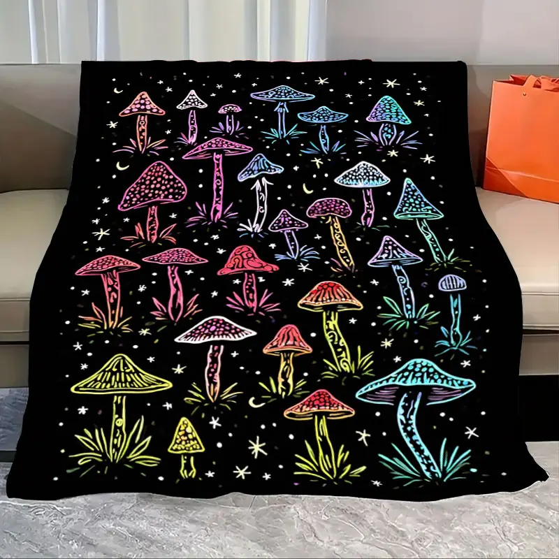 

1pc Flannel Blanket Psychedelic Mushroom Blanket - Vibrant Neon Forest Design for Cozy Nights