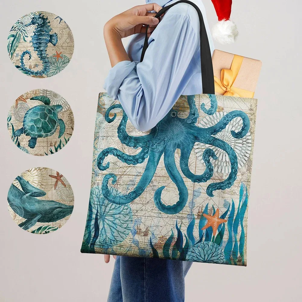 Tote Bag Seahorse Turtle Octopus Print Traveling Shoulder Bags Eco Linen Shopping Bags For Women With Print